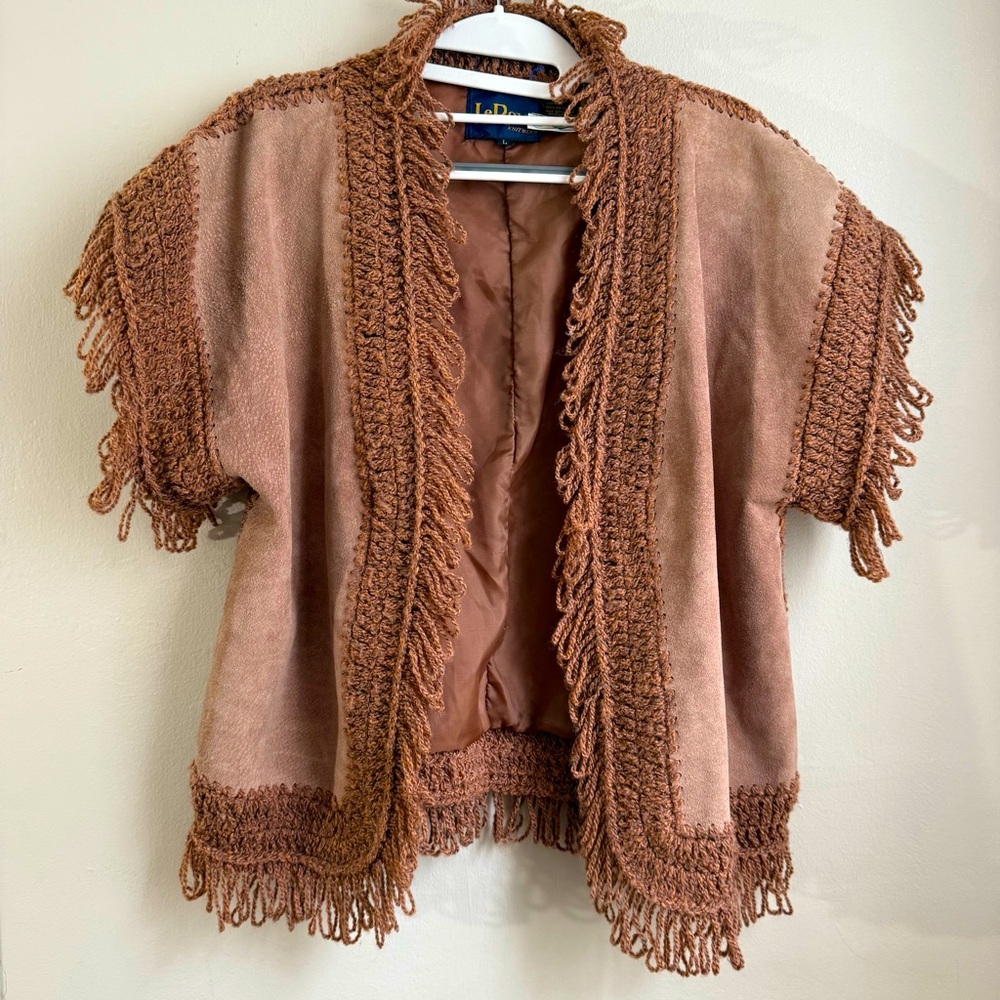 Vintage 70s LeRoy Knitwear Suede Fringe Crochet Jacket Vest Brown L